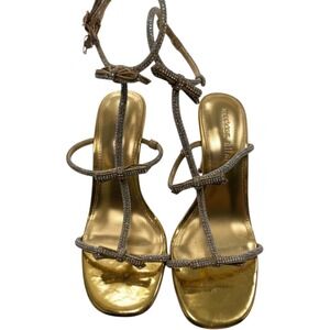 Madden Girl Gold Metallic Rhinestone Bow Stiletto Sandals Square Toe Glam Heels